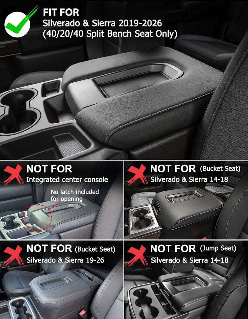 Eaglecover Center Console Cover for 2019-2026 Chevy Silverado & GMC Sierra 1500 2500 3500 HD Accessories, 40/20/40 Jump Seat, Vinyl Leather Arm Rest Protector, Anti-Scratch, Black Gray Stitching - Image 2